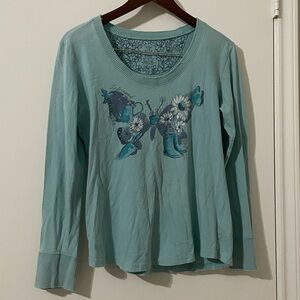 Life Is Good Teal Long Sleeve Tee with Floral Butterfly